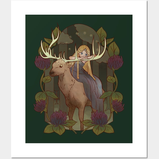 Fairy ridding a Deer Cute Fairy Tale Magical Forest Wall Art by Kali Space